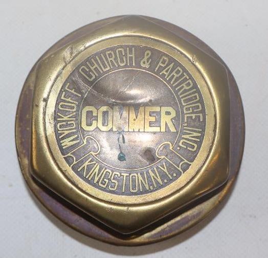 Wyckoff Church & Partridge Inc. Commer Brass Threaded Automobile Hubcap: 3.75" diameter