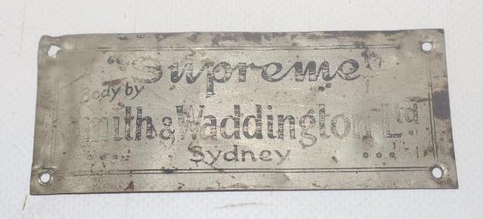 "Supreme" Body By Smith & Waddington LTD. Sydney Automobile Coach Builder Identification Tag (1 of 2)