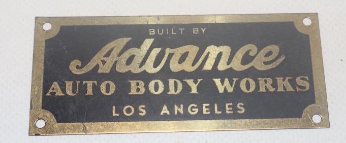 Advanced Auto Body Works Los Angles Brass Automobile Coach Builder Identification Tag (1 of 2)