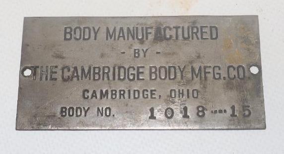 The Cambridge Body MFG. Co. Automobile Coach Builder Identification Tag: 3" x 1.50"