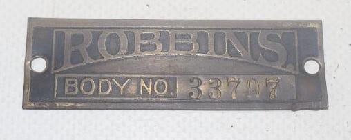 Robbins Brass Automobile Coach Builder Body Identification Tag: 2.50" x .75"