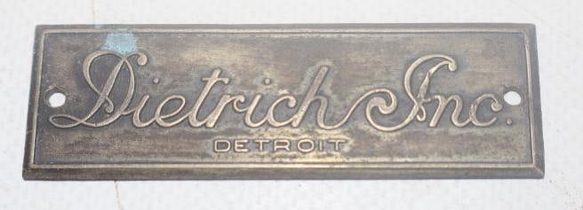 Embossed Dietrich Inc. Detroit Automobile Coach Builder Identification Tag: 2.50" x .75"