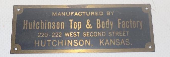 Hutchinson Top & Body Factory Brass Automobile Coach Builder Identification Tag: 3.50" x 1.25"