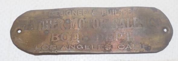 Wather Motor Sales Co. Brass Automobile Coach Builder Identification Tag (1 of 2)