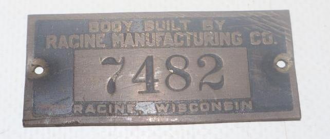 Racine Manufacturing Co. Brass Automobile Coach Builder Identification Tag (1 of 2)