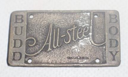 Budd All-Steel Body Brass Automobile Coach Builder Identification Tag: 1.75" x 1"
