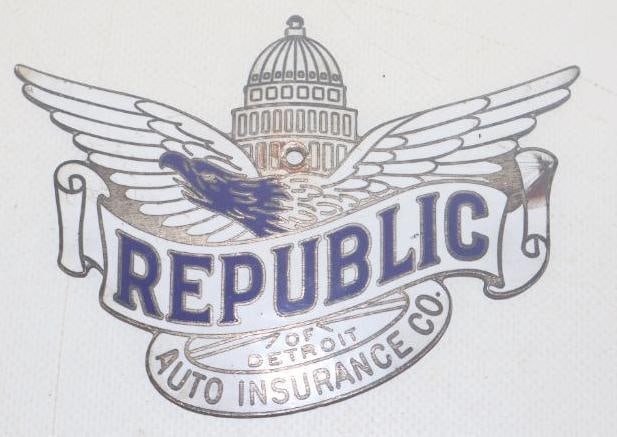 Republic Auto Insurance of Detroit Badge: 3.5" x 4.5", cloisonne