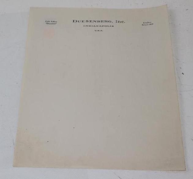 Duesenberg Inc. Indianapolis USA Unused Paper Letterhead: 8 1/2" x 11"