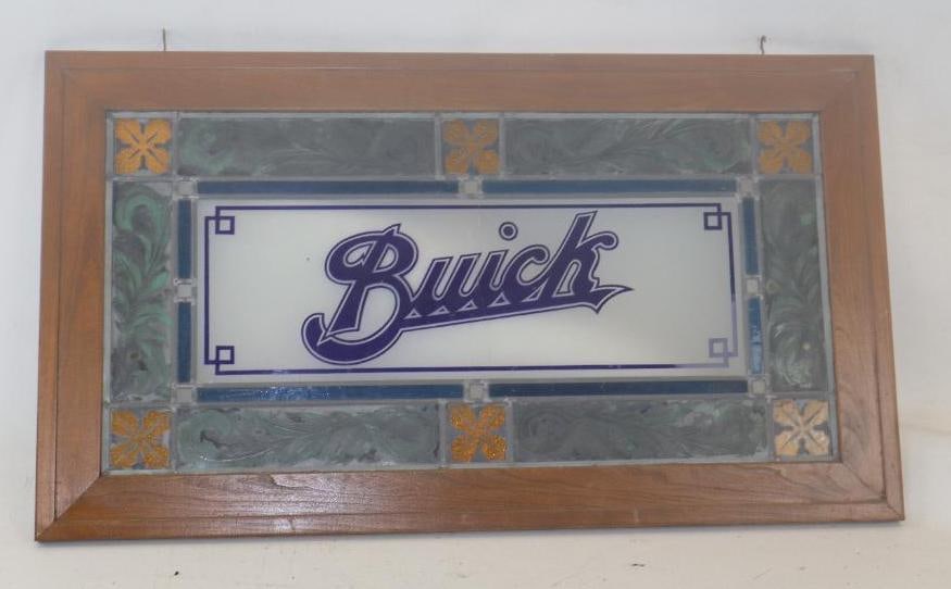 1920's Buick Stained Lead Glass Window in Wood Frame (1 of 2)