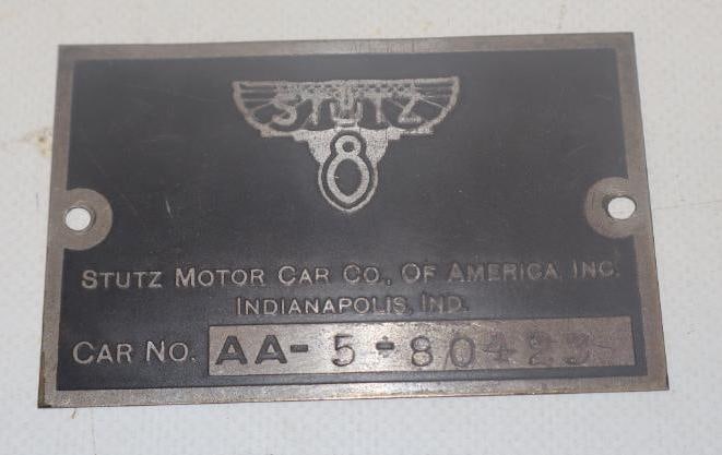1920-30's Stutz 8 Serial/Identification Brass Tag: 3.50" x 2.25"