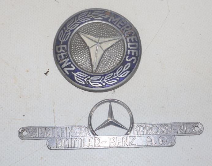 Group of 2 Mercedes Benz Radiator And Dealership Badges: Cloisonne Radiator Badge 2.25" dealership is 4.50" x 1.25"
