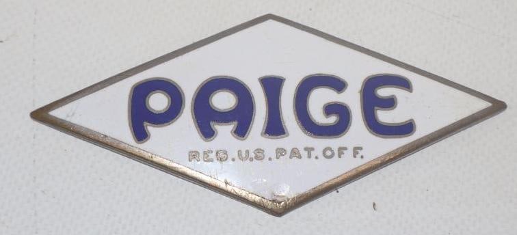 1919 - 1927 Paige Radiator Emblem Badge: 3.75" x 1.5", cloisonne, marked Reg. US. Pat. Off