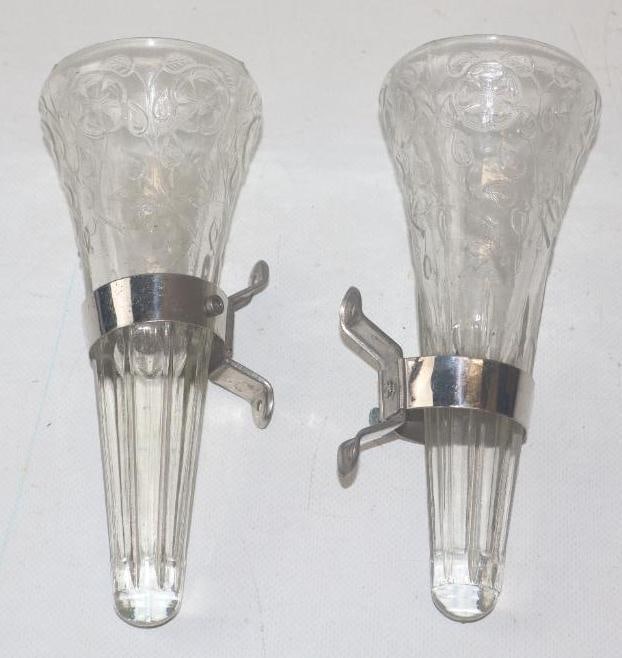 Pair of Embossed Glass Flower Vases w/ Brackets: 7" long each