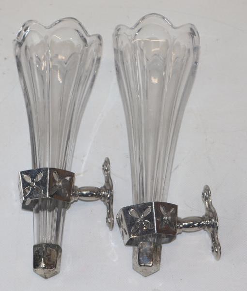 Pair of Early Automobile Glass Vases w/ Flower Cut Out Brackets (1 of 5)