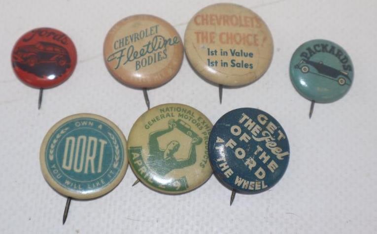 7 Advertising Buttons Dort, Chevrolet, Fleet line, Packard, General Motors, Ford (1 of 2)