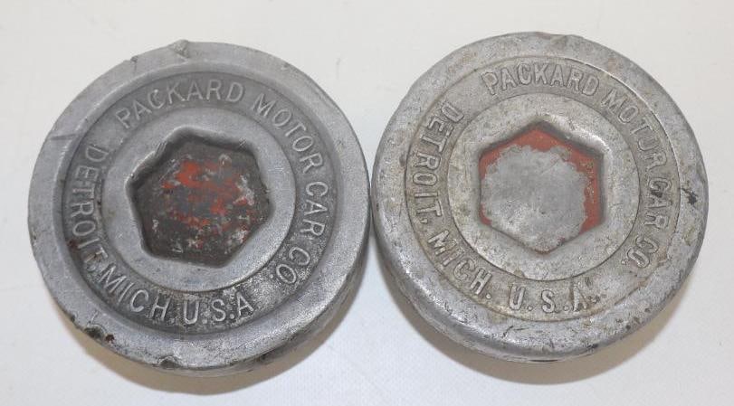 Group of 2 Packard Aluminum Threaded Automobile Hubcaps: 3.75" diameter each