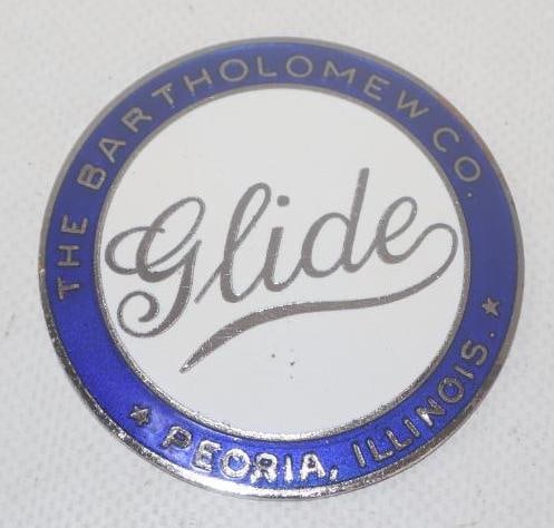The Bartholomew Co Glide Peoria IL Reproduction Radiator Emblem Badge: 2.5" diameter, cloisonne