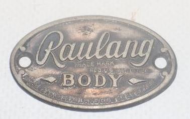 Embossed Raulang Body Automobile Coach Builder Identification Tag: 1.50" x 1"