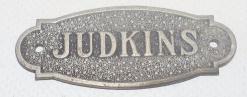 Embossed Judkins Automobile Coach Builder Identification Tag: 2.25" x .75"