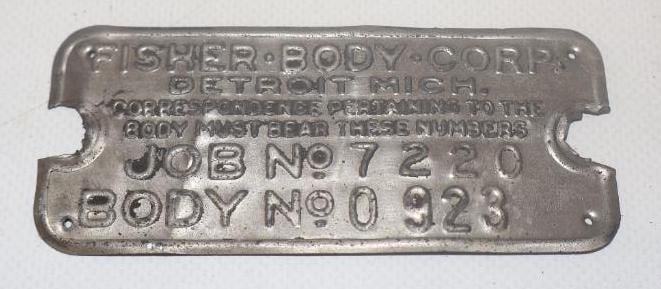 Fisher Body Corp. Automobile Coach Builder Body Identification Tag: 4" x 1.75"