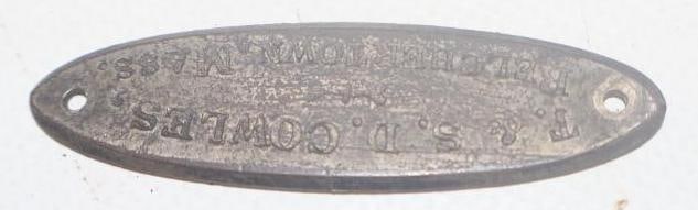 T.& S. D. Cowles Coach Builder Body Identification Tag: 2.25" x .50"