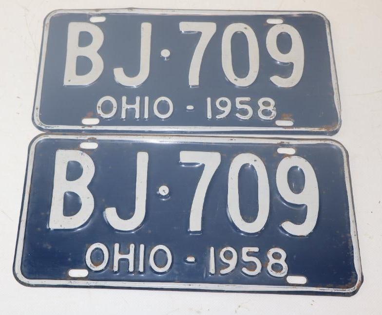 Pair of Ohio 1958 (BJ) Licenses Plates: 12" x 6"