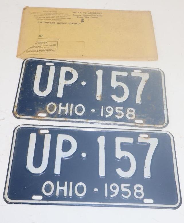 Pair of 1958 Ohio "UP" Licenses Plates w/ Original Mailing Envelope: 12" x 6"
