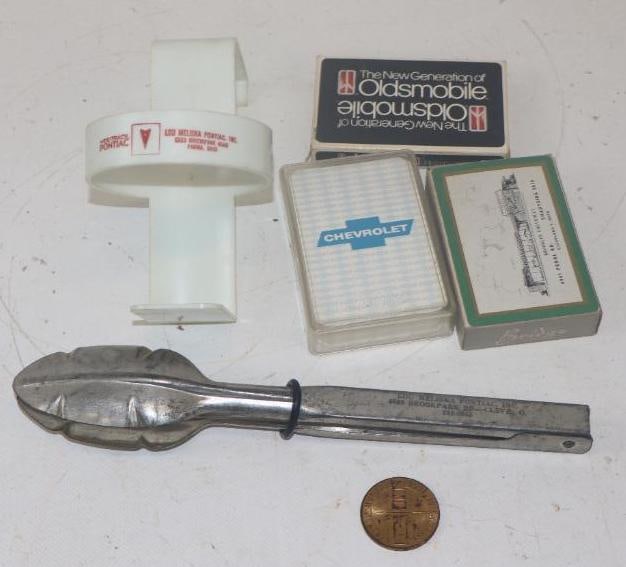 Group of 5 Pontiac And Chevrolet Playing Cards, Cup Holder And Tong Give A Ways: 9.25" long is largest