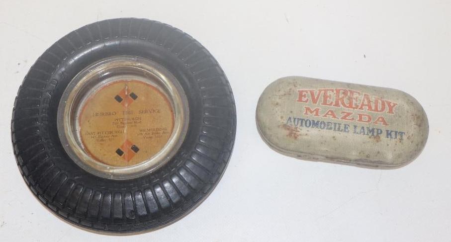 Group of 2 Eveready Automobile Lamp Kit Tin And Seiberling Pittsburg Advertising Ash Tray: 6" diameter largest