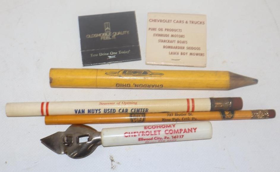 Group of 6 Chevrolet, Oldsmobile And DeSoto Automobile Advertising Pencils, Bottle Opener And: 7.75" long largest