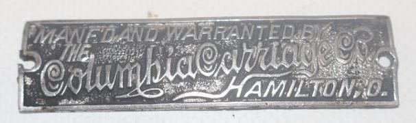 Embossed The Columbia Carriage Coach Builder Body Identification Tag: 2.75" x .75"