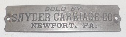 Snyder Carriage Co. Coach Builder Body Identification Tag: 2.75" x .75"
