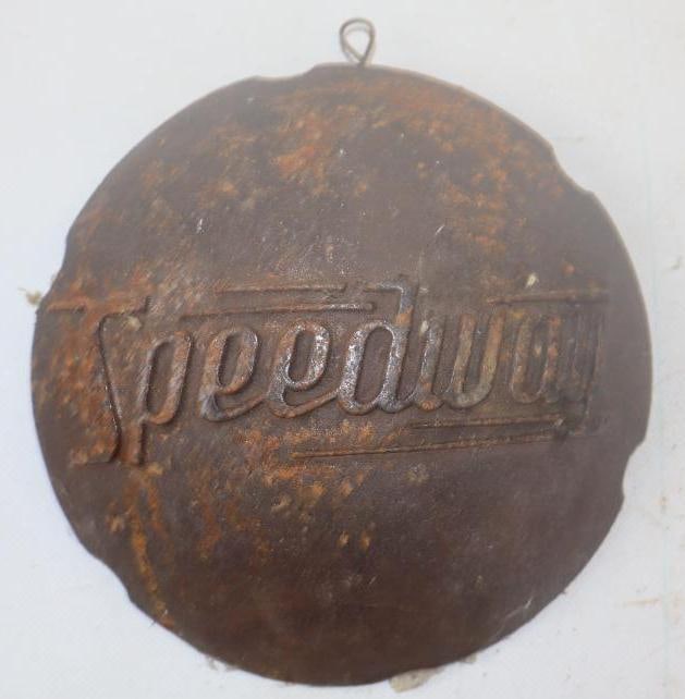 Embossed Speedway Cast Steel Bolt On Hubcap: 7.25" diameter