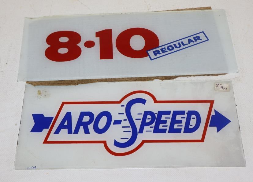 Group of 2 Aro-Speed And 8-10 Gas Pump Ad Glasses: Aro is 4.75" x 10.75" 8-10 is 4.50" x 11.75"