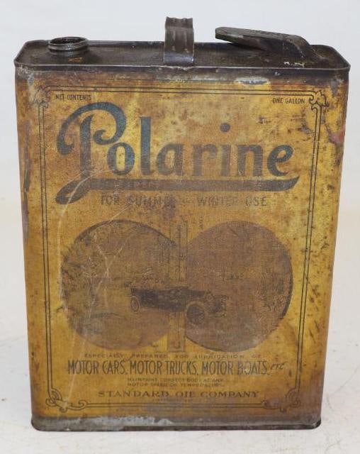 Standard Oil Company Incorporated Polarine Slim One Gallon Motor Oil Can w/ Car Graphics: Empty, missing lid