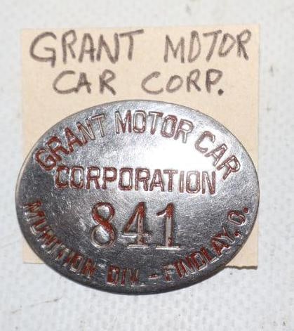 Grant Motor Car Co. Employee Pin Back Badge: 1.50" x 1.75"