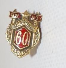 B Of RT 60 Year Membership Lapel Pin: .50" x .75"