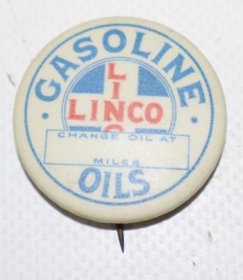 Linco Gasoline And Oils Pin Back Badge: 1.25" diameter