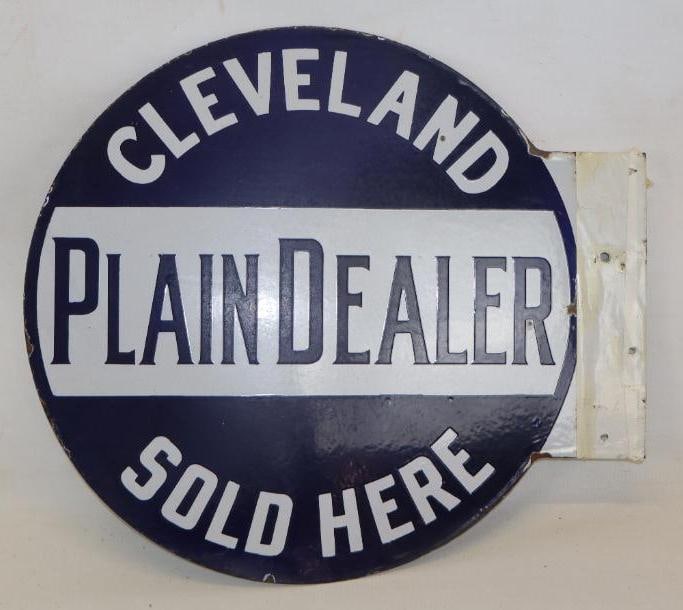 Cleveland Plain Dealer Sold Here Double Sided Porcelain Flange Advertising Sign: 20" x 18" Flange has been straighten