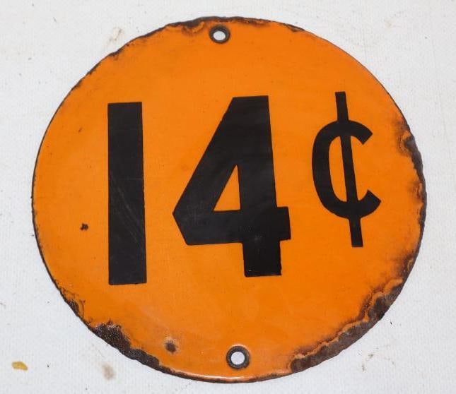 Porcelain Gulf Gas Station 14 Cent Pricer Sign: 6" diameter