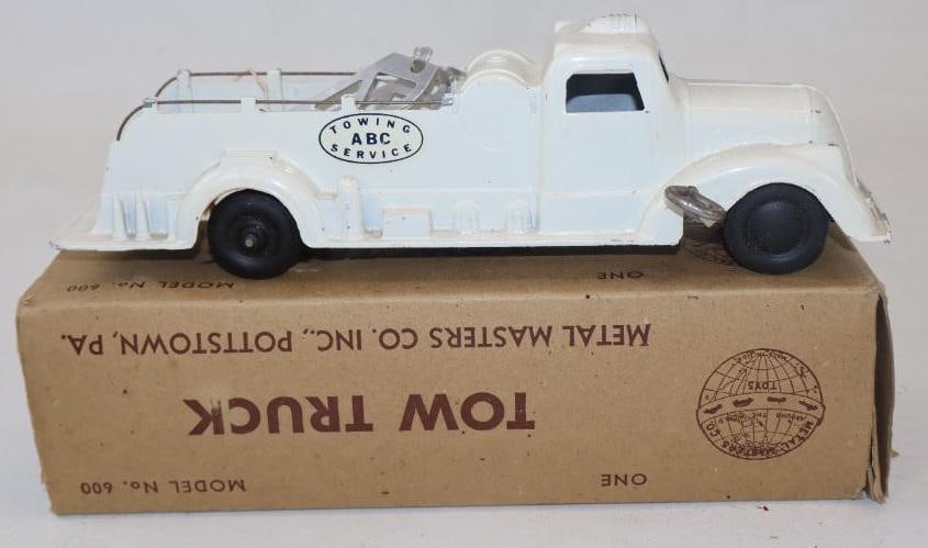 1950's Metal Masters Wind Up ABC Towing Service Truck In Original Box: Box measures 10.25" x 3" x 3.50"