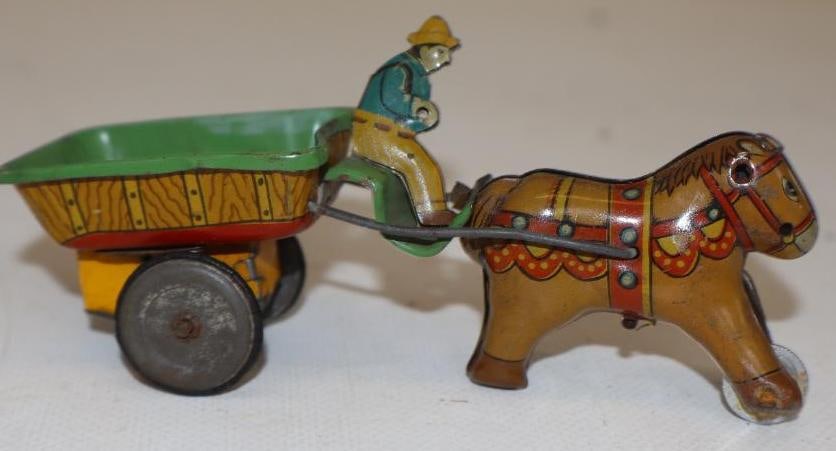 Early Tin Litho Horse and Trailer Friction Toy: 4.75" x 1.5" x 2.25"