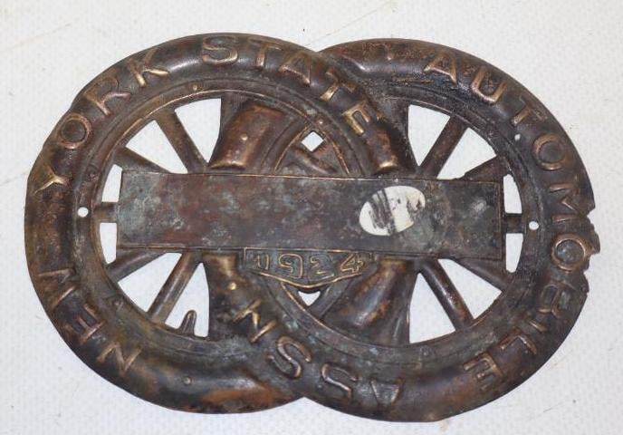 Brass 1924 New York State Automobile Association Radiator Badge: 4.50" x 3.25"