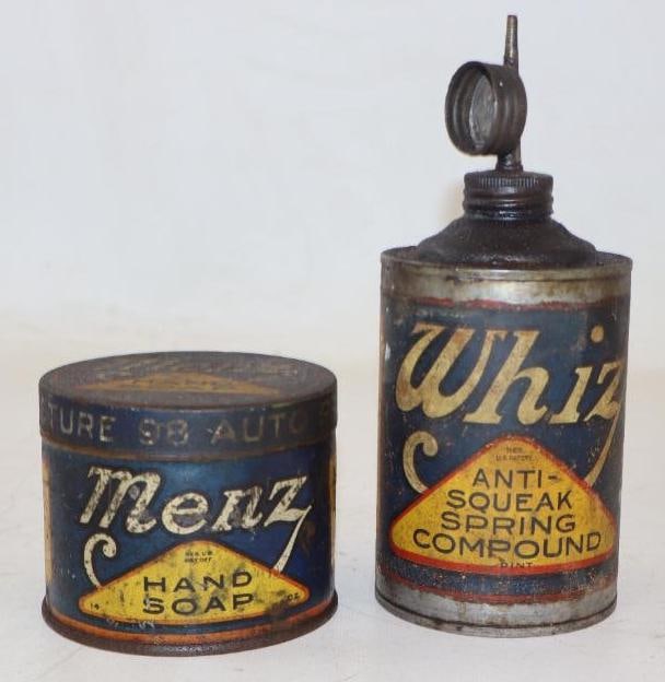 Group of 2 Whiz Hand Soap and Anti Squeak Spring Compound Advertising Cans: largest 1 pint