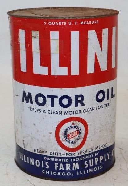 Illini Illinois Farm Supply 5 Qt Metal Oil Can: Empty, missing bottom lid is replaced with wood substitute and nailed in