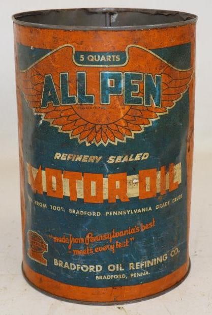 All Pen Bradford Oil Refining 5 Qt Metal Oil Can: Empty, missing top lid