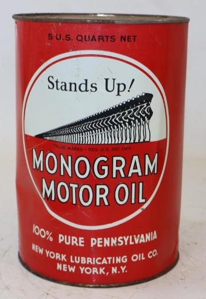 Monogram "Stands Up!" 5 Qt Metal Oil Can: Empty, has rust holes on back