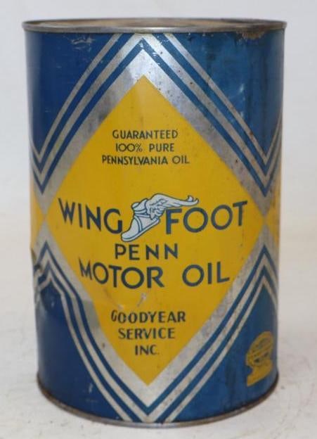 Goodyear Wing Foot Penn 5 Qt Metal Oil Can: Empty, some light fading on back