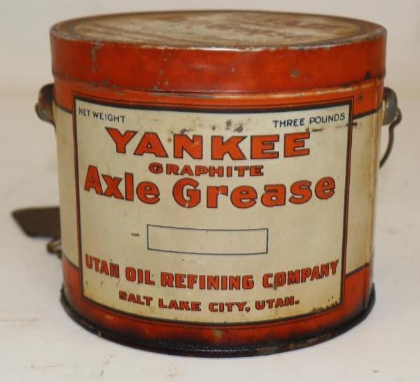 Utah Oil Refining Company Graphite 3 Pound Axle Grease Can: Full, has some light fading and paint lost on back