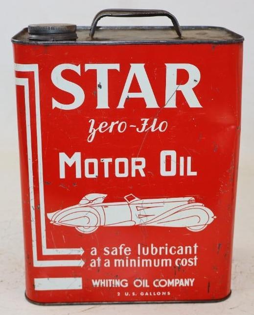 Star Zero-Flo Two Gallon Motor Oil Can w/ Car Graphics: Empty